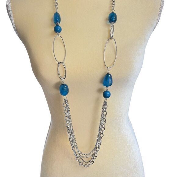 Statement Silver Tone chain Bead Blue Necklace 45 in + 2.5 in Ext. - Picture 5 of 10
